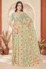 Designer Sage Green Net Floral Embroidered Saree Heavy Border Blouse