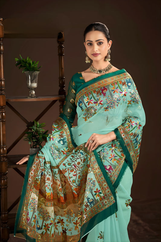 Graceful Mint Green Premium Crepe Silk Digital Foil Print Saree for Wedding