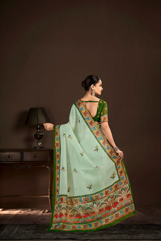 Graceful Mint Green Premium Crepe Silk Digital Foil Print Saree for Wedding
