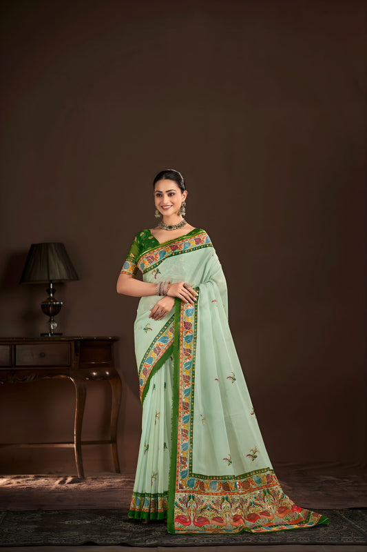 Graceful Mint Green Premium Crepe Silk Digital Foil Print Designer Saree for Wedding