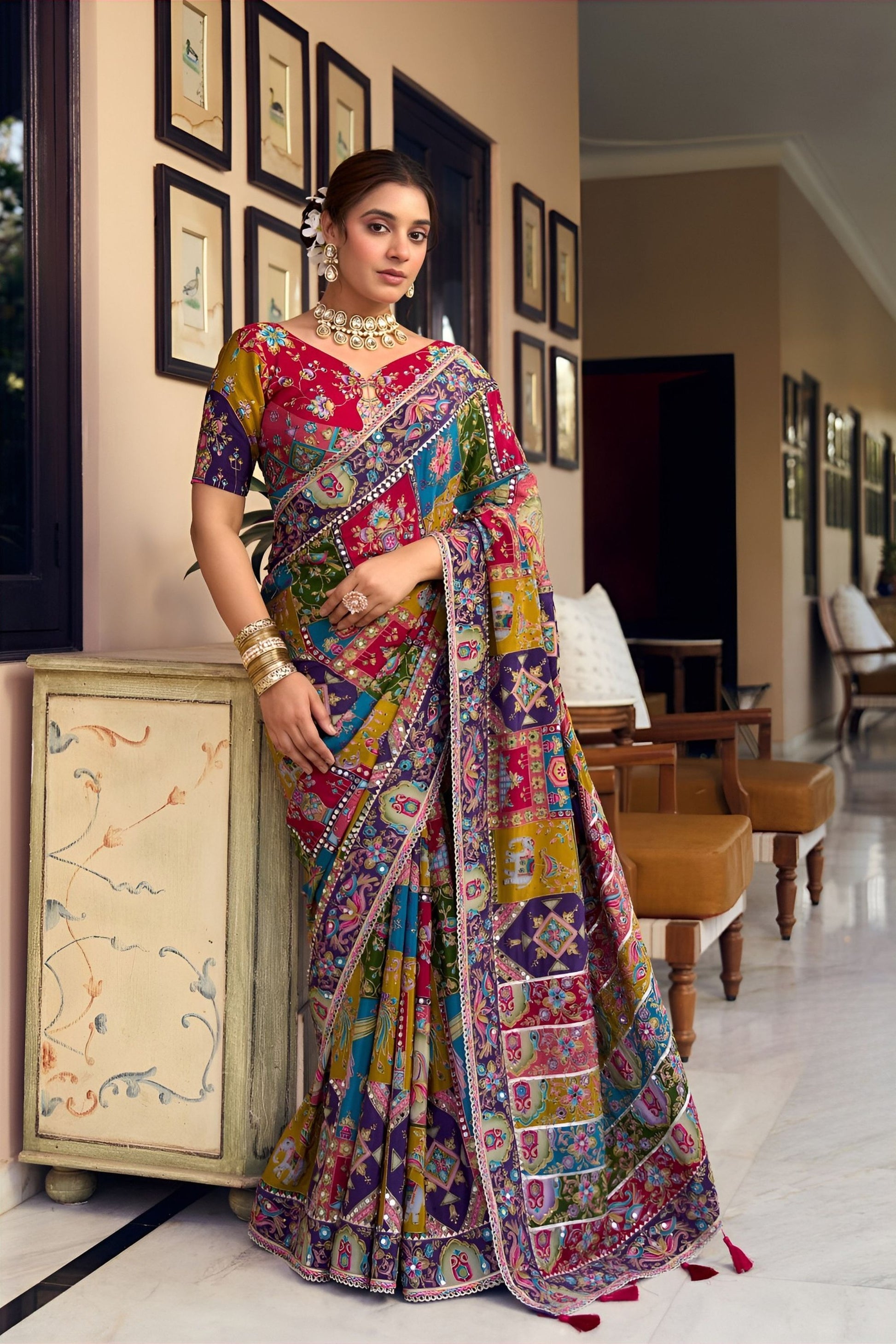 Stunning Multicolor Premium Fabric Readymade Blouse Saree Sequins Real Mirror Work