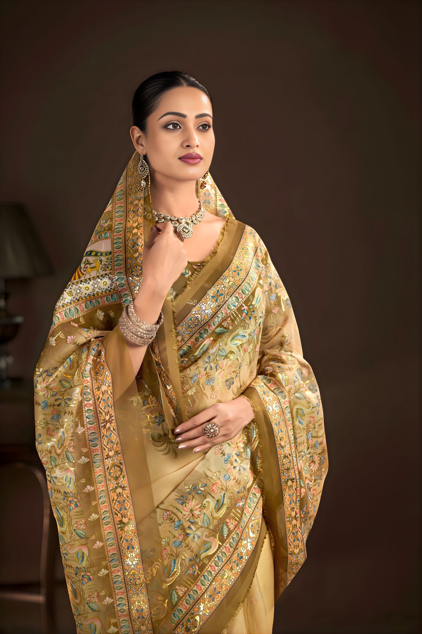 Elegant Beige Premium Crepe Silk Digital Foil Print Saree for Wedding