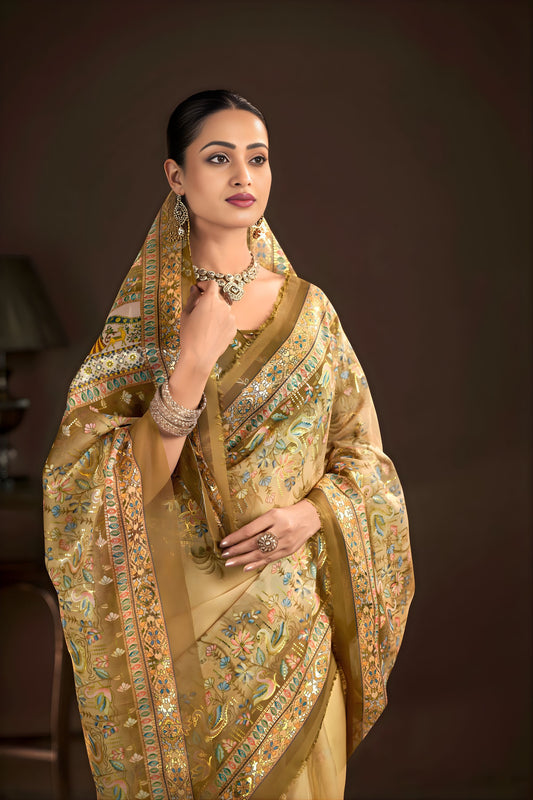 Elegant Beige Premium Crepe Silk Digital Foil Print Saree for Wedding