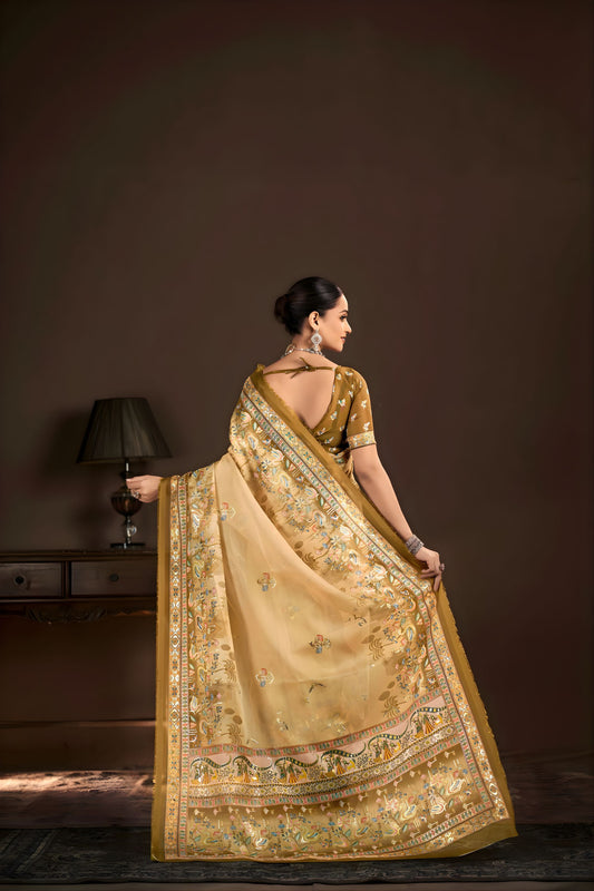 Elegant Beige Premium Crepe Silk Digital Foil Print Saree for Wedding