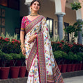 White Saree Floral Print Readymade Blouse Premium HO Fabric Sequins Real Mirror Work