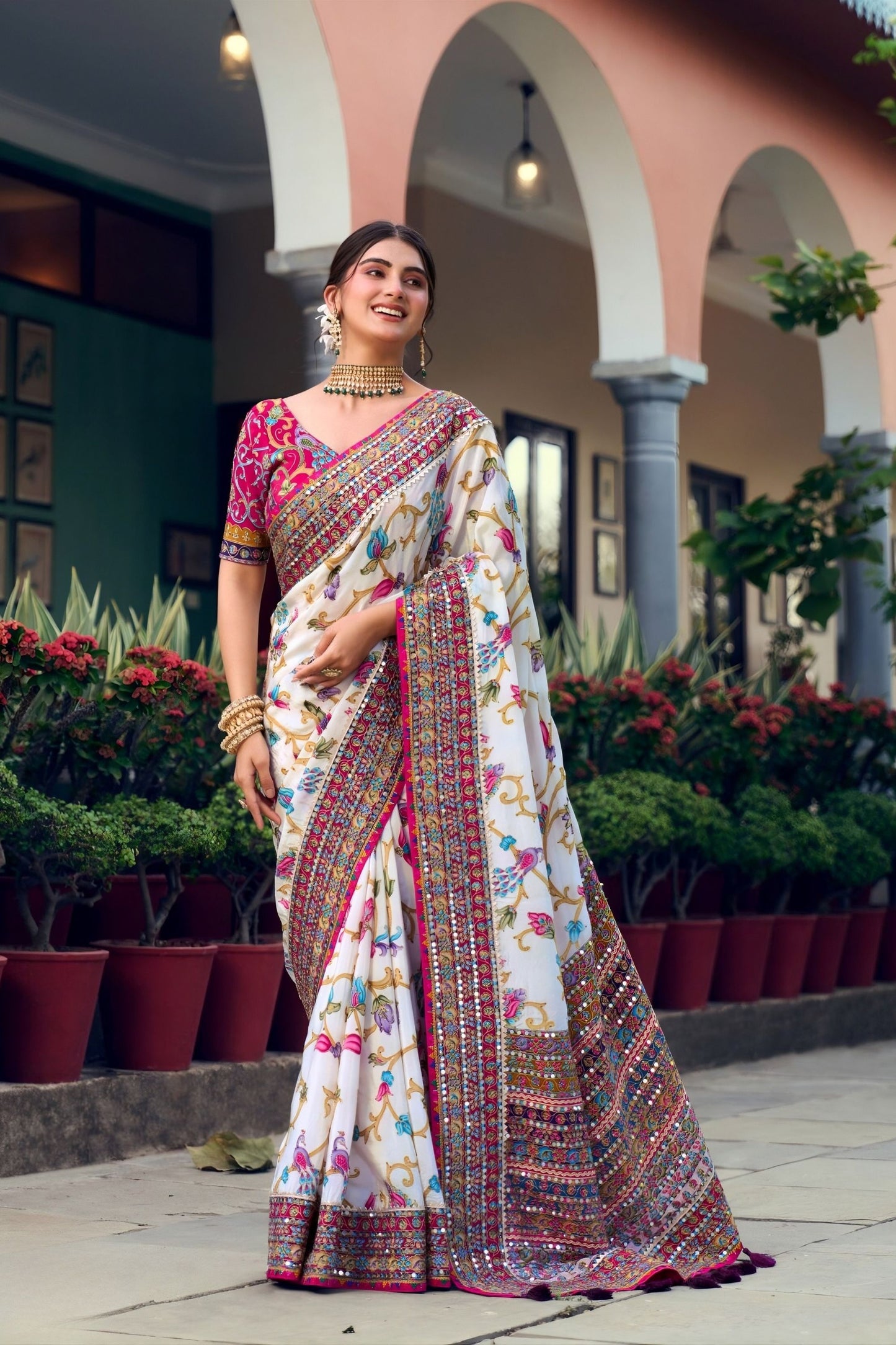 White Saree Floral Print Readymade Blouse Premium HO Fabric Sequins Real Mirror Work