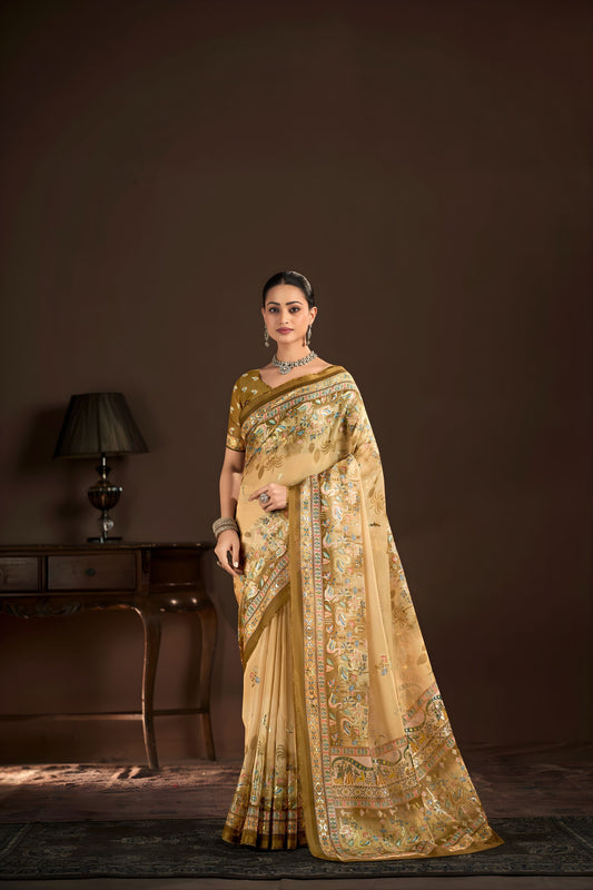 Elegant Beige Premium Crepe Silk Digital Foil Print Saree for Wedding