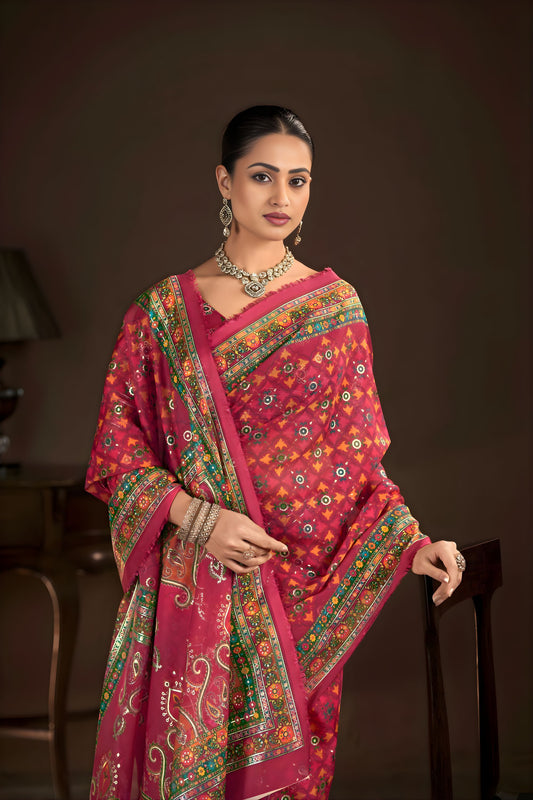 Beautiful Rani Pink Premium Crepe Silk Digital Foil Print Saree for Wedding