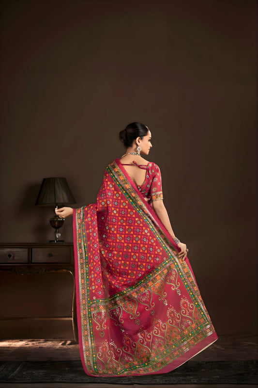 Beautiful Rani Pink Premium Crepe Silk Digital Foil Print Saree for Wedding