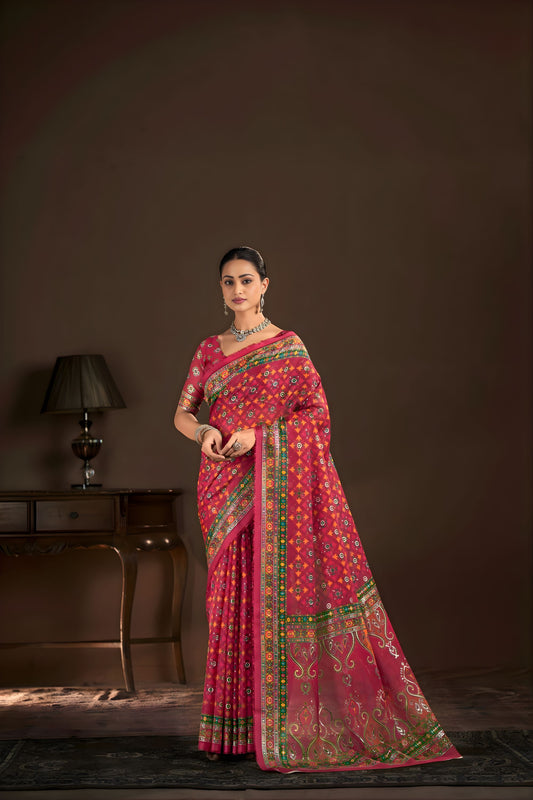 Beautiful Rani Pink Premium Crepe Silk Digital Foil Print Saree for Wedding
