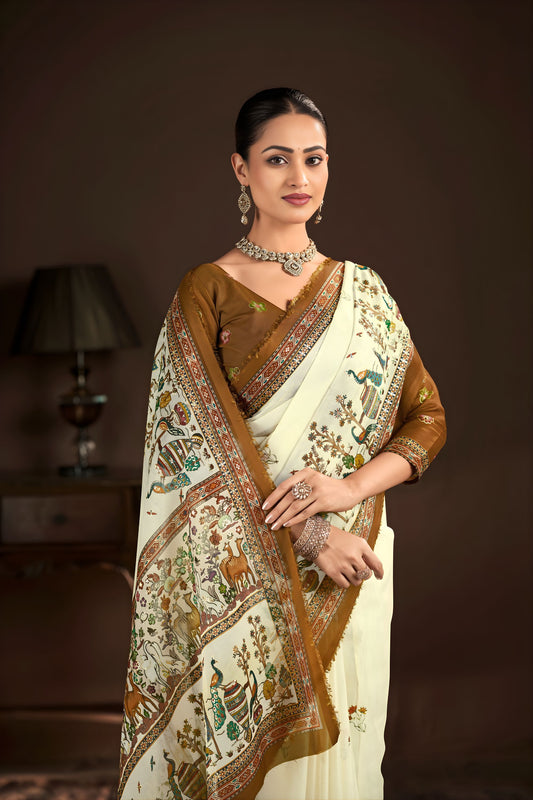 Elegant Off White Premium Crepe Silk Digital Foil Print Saree for Wedding