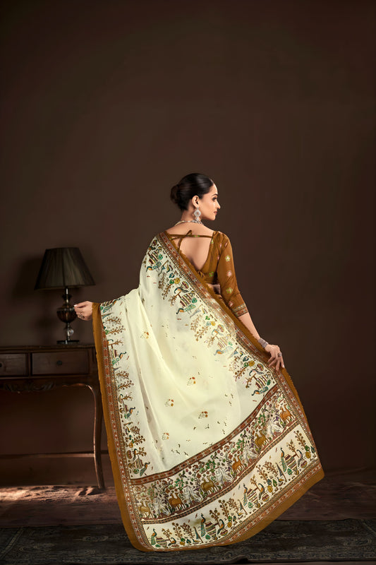 Elegant Off White Premium Crepe Silk Digital Foil Print Saree for Wedding