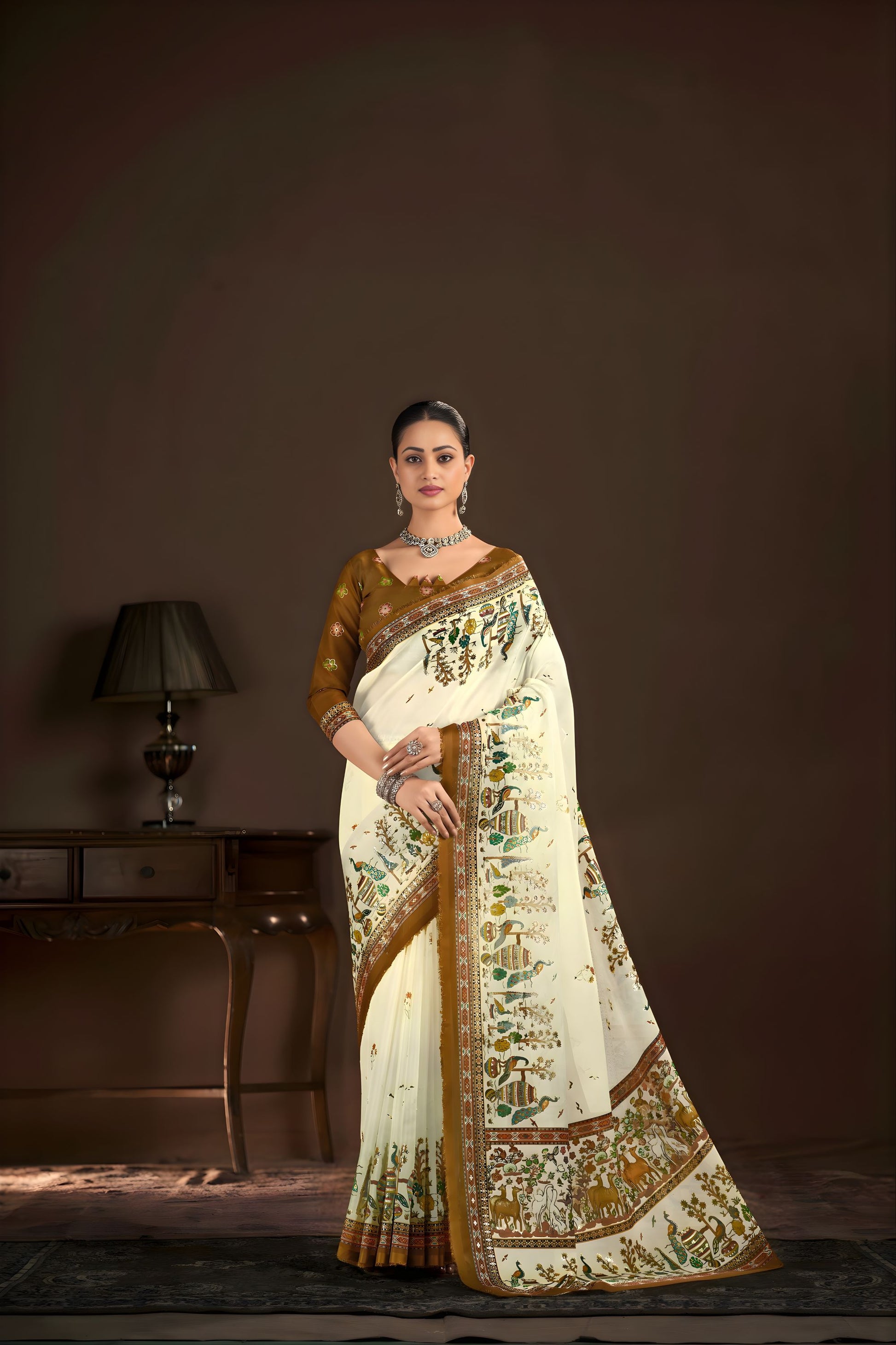 Elegant Off White Premium Crepe Silk Digital Foil Print Saree for Wedding