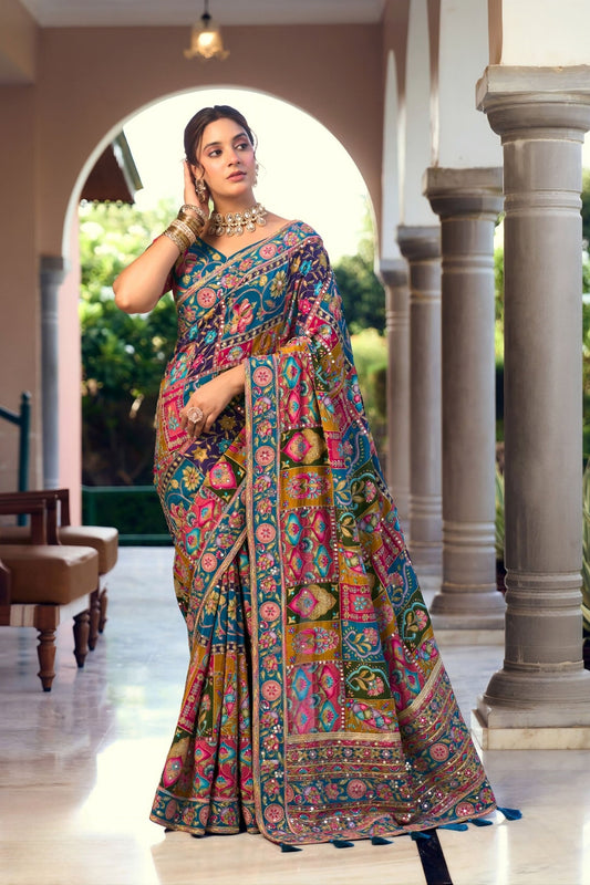 Gracefull Multicolor Saree Readymade Blouse Premium HO Fabric Sequins Real Mirror Work