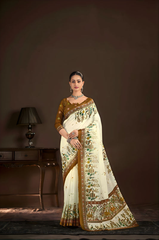Elegant Off White Premium Crepe Silk Digital Foil Print Saree for Wedding