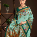 Royal Aqua Blue Premium Crepe Silk Digital Foil Print Saree for Wedding