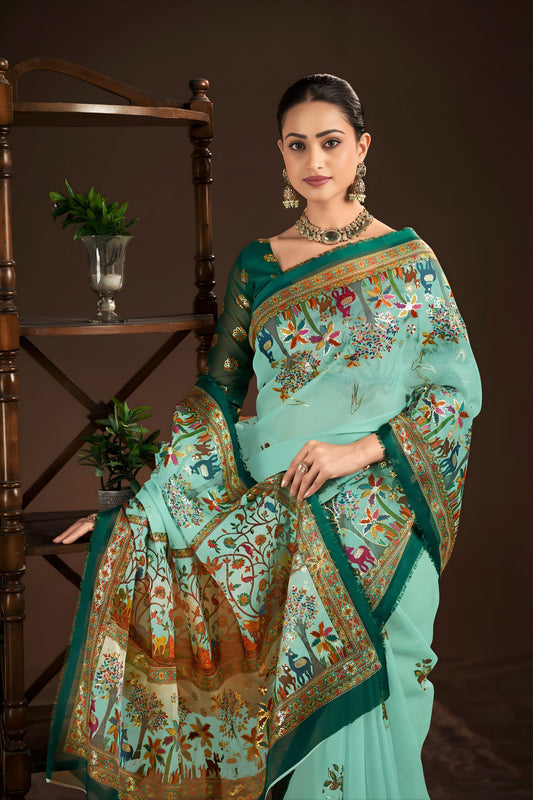 Royal Aqua Blue Premium Crepe Silk Digital Foil Print Saree for Wedding