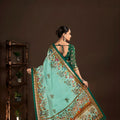 Royal Aqua Blue Premium Crepe Silk Digital Foil Print Saree for Wedding