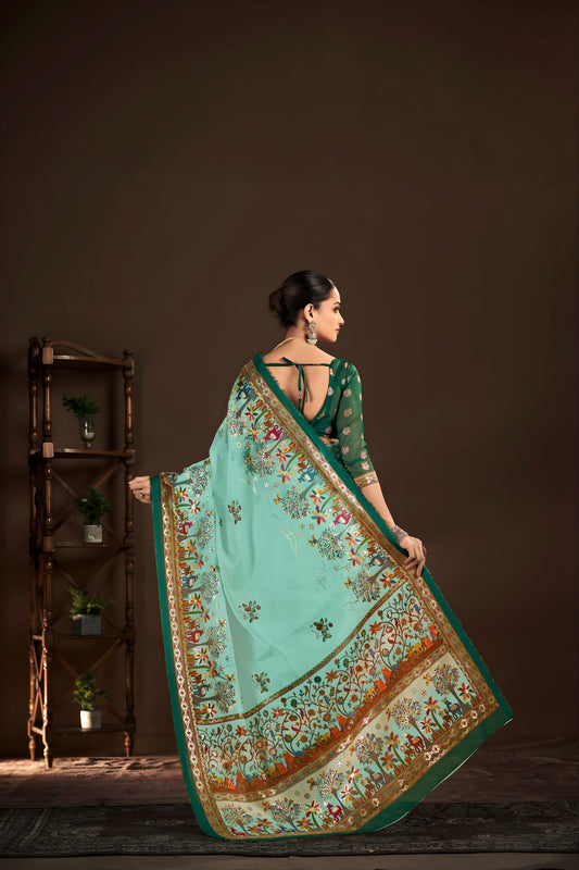 Royal Aqua Blue Premium Crepe Silk Digital Foil Print Saree for Wedding