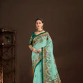 Royal Aqua Blue Premium Crepe Silk Digital Foil Print Saree for Wedding