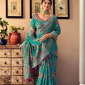 Stunning Teal Green Saree Floral Readymade Blouse HO Fabric Sequins Real Mirror Work