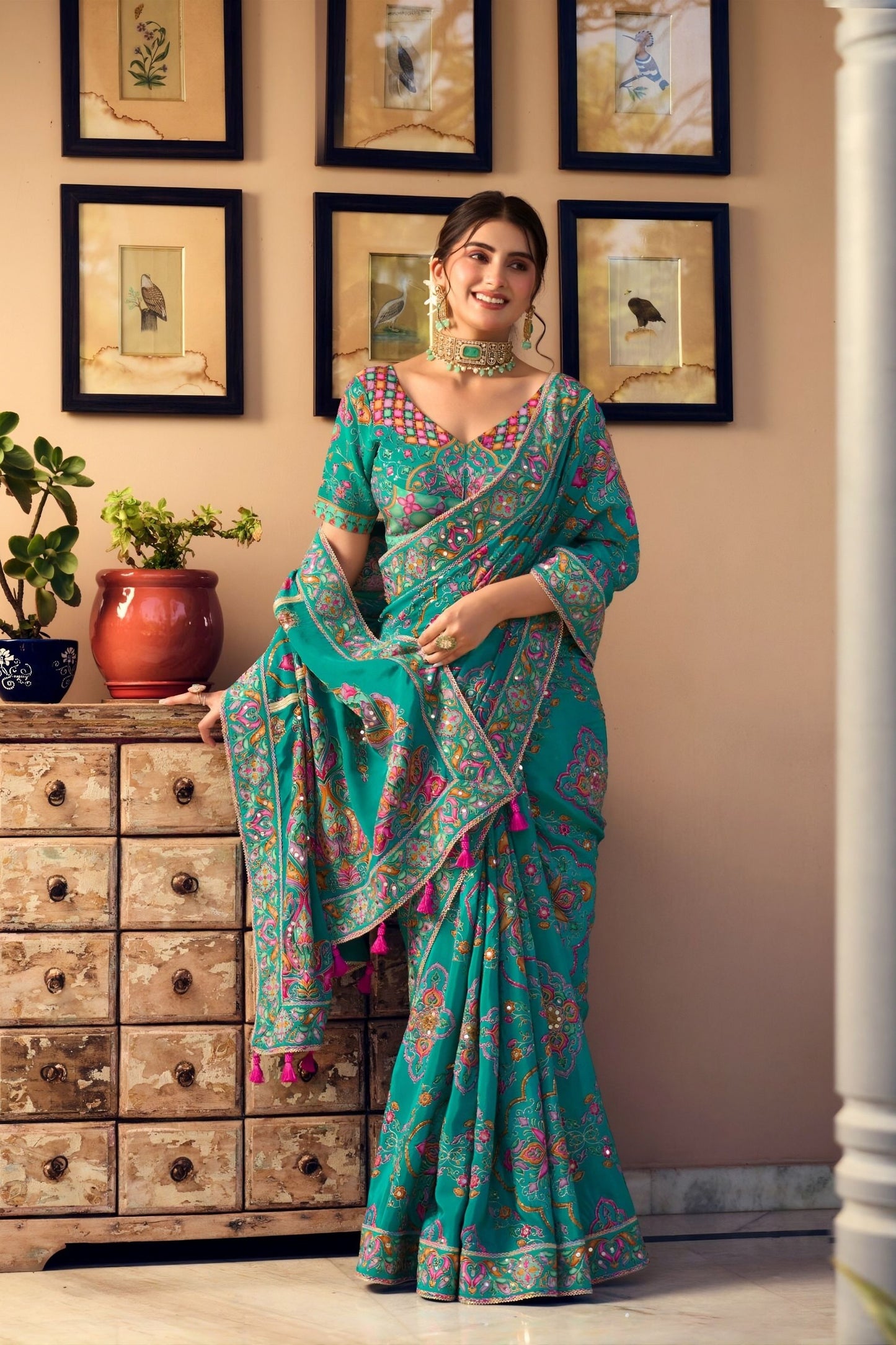 Stunning Teal Green Saree Floral Readymade Blouse HO Fabric Sequins Real Mirror Work