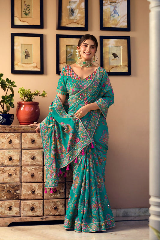 Stunning Teal Green Saree Floral Readymade Blouse HO Fabric Sequins Real Mirror Work