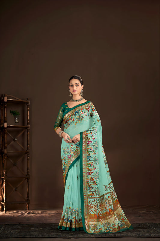 Royal Aqua Blue Premium Crepe Silk Digital Foil Print Saree for Wedding