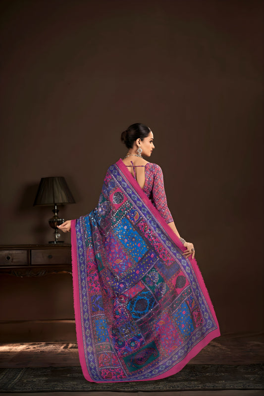 Multicolor Premium Crepe Silk Digital Foil Print Saree for Wedding