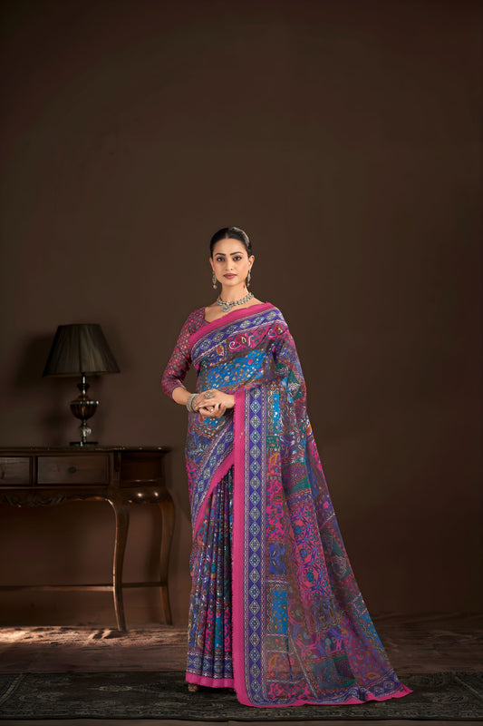 Multicolor Premium Crepe Silk Digital Foil Print Saree for Wedding