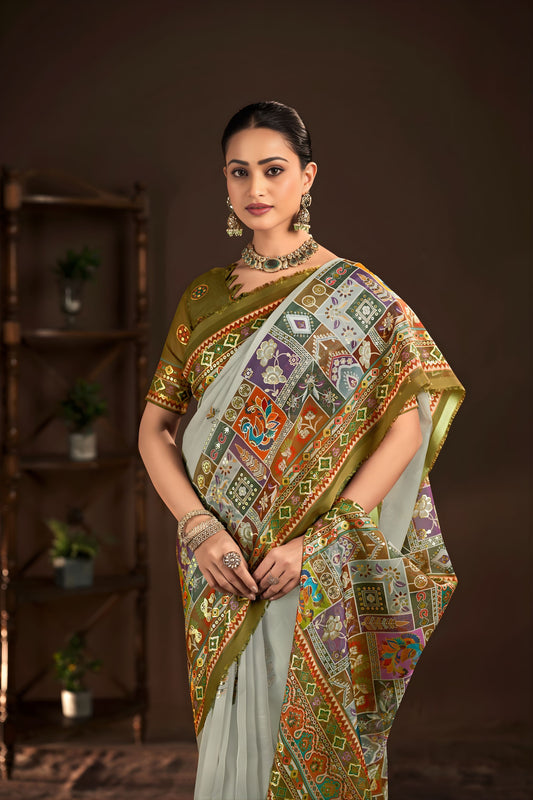 Graceful Sage Green Premium Crepe Silk Digital Foil Print Designer Saree for Wedding