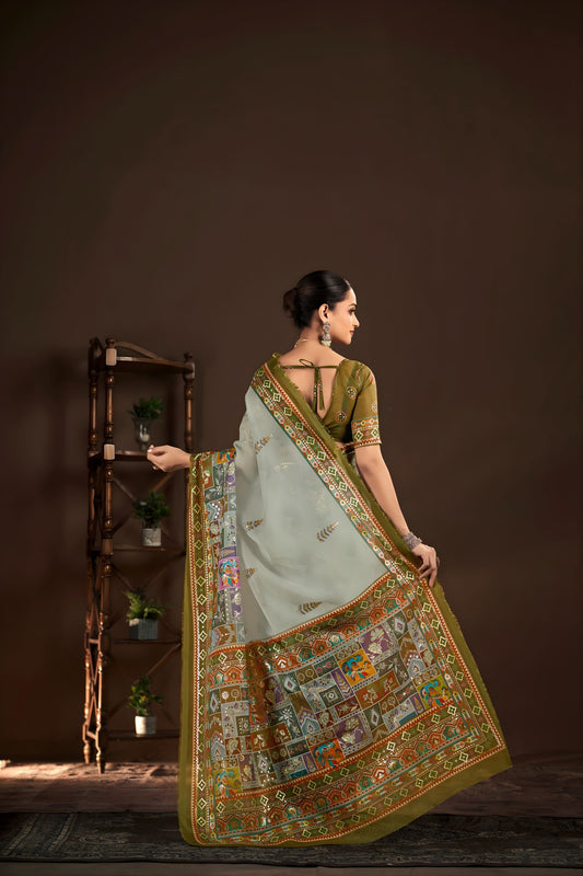 Graceful Sage Green Premium Crepe Silk Digital Foil Print Designer Saree for Wedding