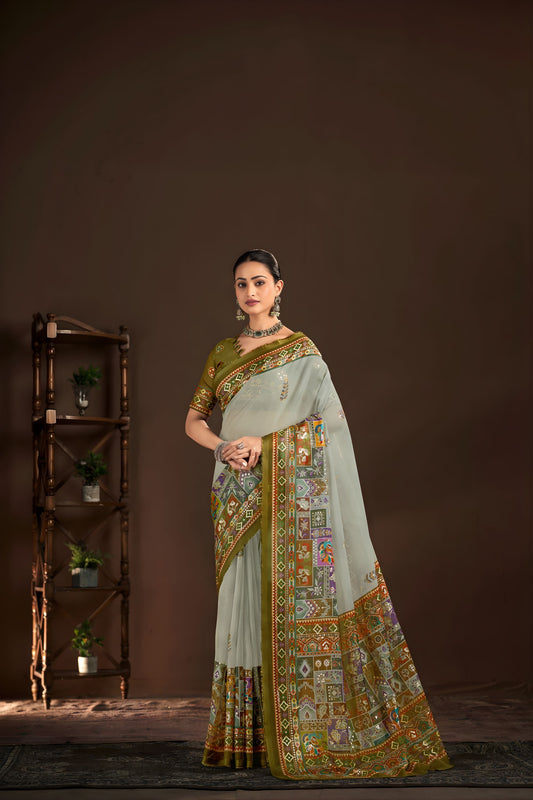Graceful Sage Green Premium Crepe Silk Digital Foil Print Designer Saree for Wedding