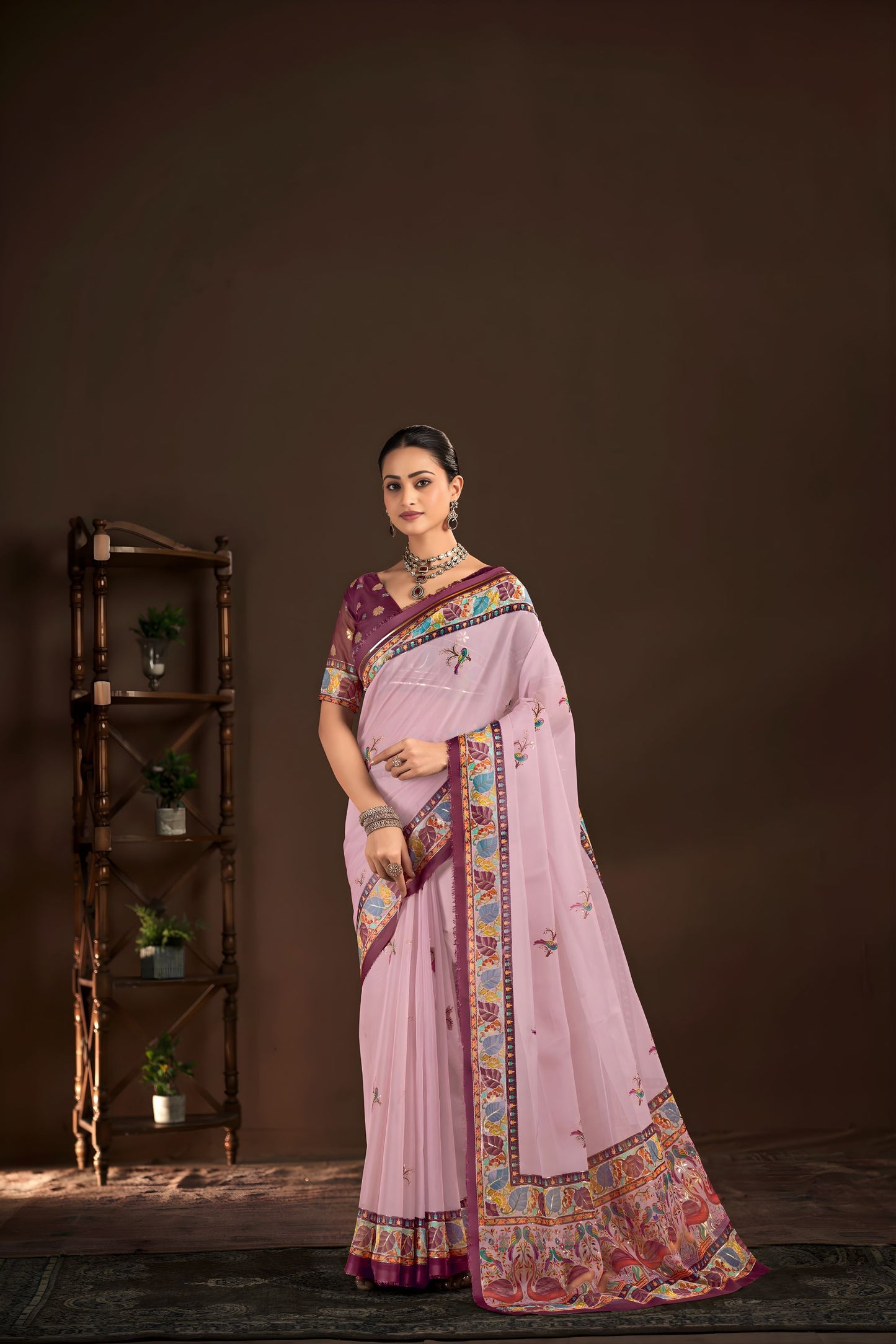 Stylish Lavender Premium Crepe Silk Digital Foil Print Designer Saree for Wedding