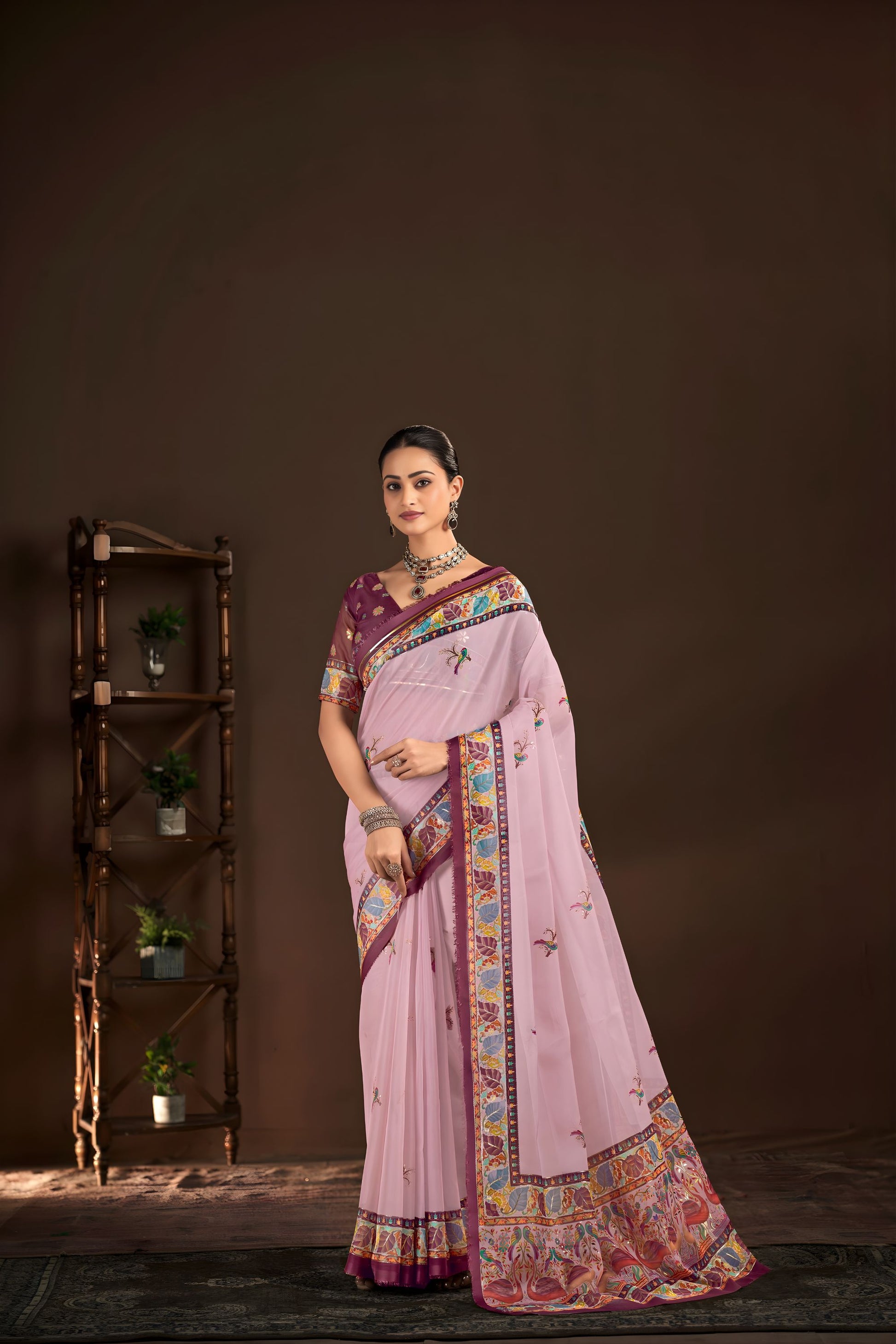 Stylish Lavender Premium Crepe Silk Digital Foil Print Designer Saree for Wedding