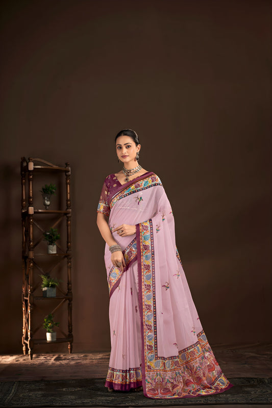 Stylish Lavender Premium Crepe Silk Digital Foil Print Designer Saree for Wedding
