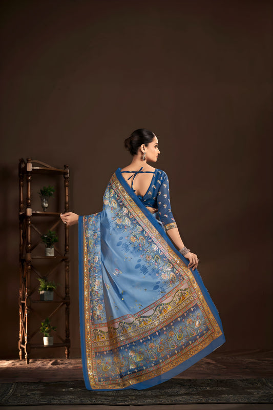 Royal Sky Blue Premium Crepe Silk Digital Foil Print Designer Saree for Wedding