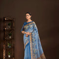 Royal Sky Blue Premium Crepe Silk Digital Foil Print Designer Saree for Wedding
