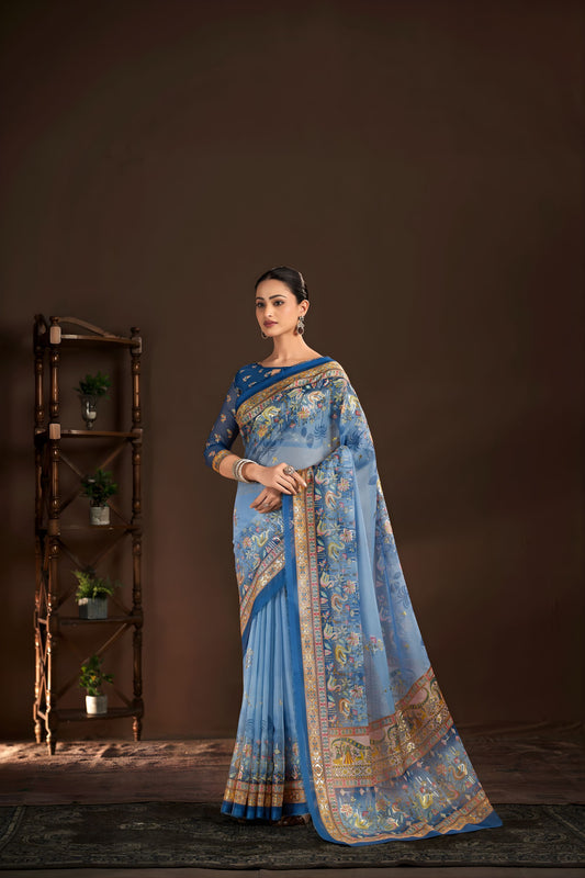 Royal Sky Blue Premium Crepe Silk Digital Foil Print Designer Saree for Wedding