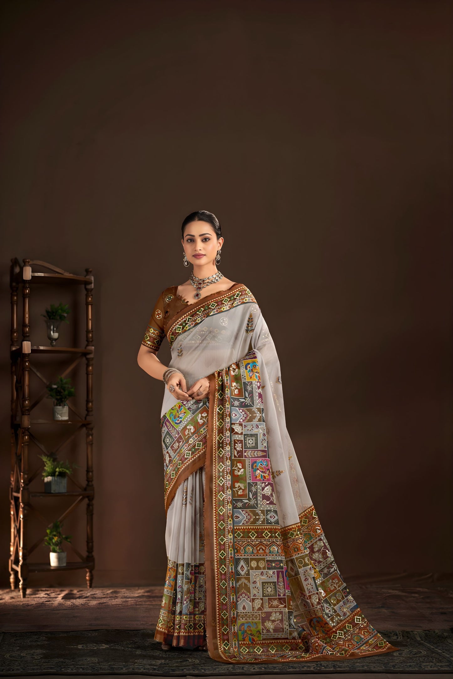 Premium Light Grey Premium Crepe Silk Digital Foil Print  Saree for Wedding