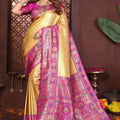 Designer Banarasi Silk Saree in Gold with Rich Pink Meenakari Work Festive Saree