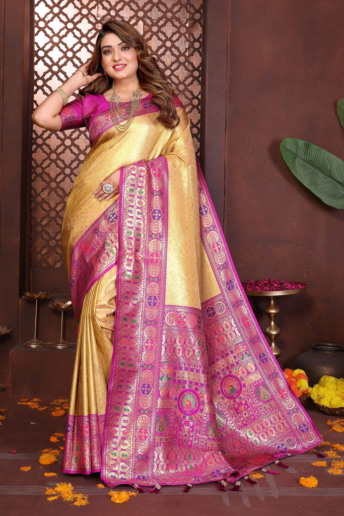 Designer Banarasi Silk Saree in Gold with Rich Pink Meenakari Work Festive Saree