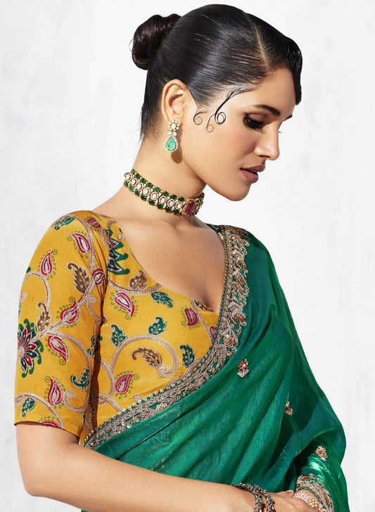 Designer Green Organza Saree Border Mustard Yellow Blouse