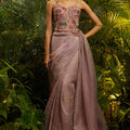 Dusty Mauve Crushed Tissue Saree Designer Embroidered Blouse