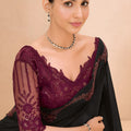 Black Silk Saree with Wine Designer Embroidered Border