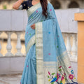 Sky Blue Tussar Silk Saree Multicolor Bird Floral Motif Pallu