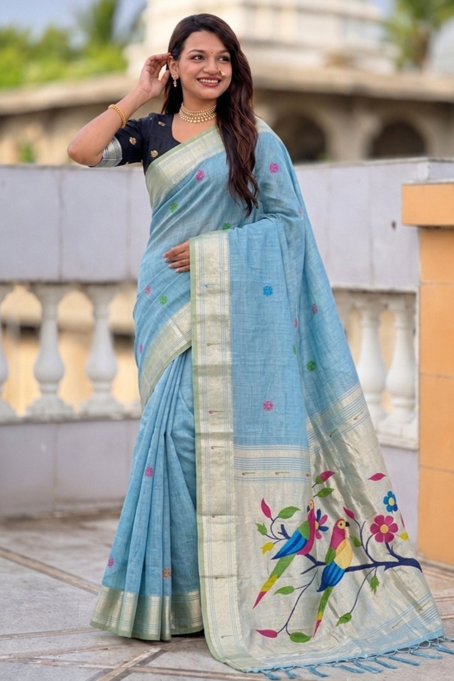 Sky Blue Tussar Silk Saree Multicolor Bird Floral Motif Pallu