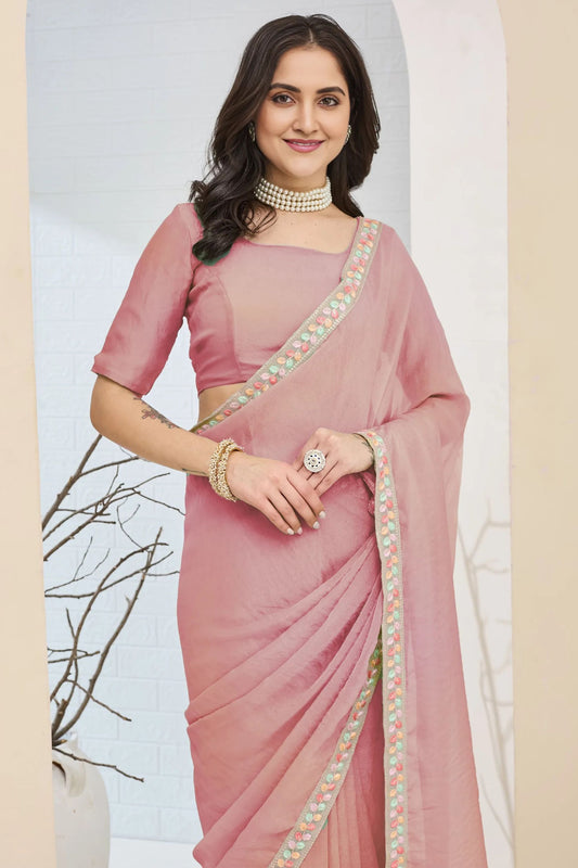 Dusty Pink Saree Multicolor Embroidered Border Ready To Wear