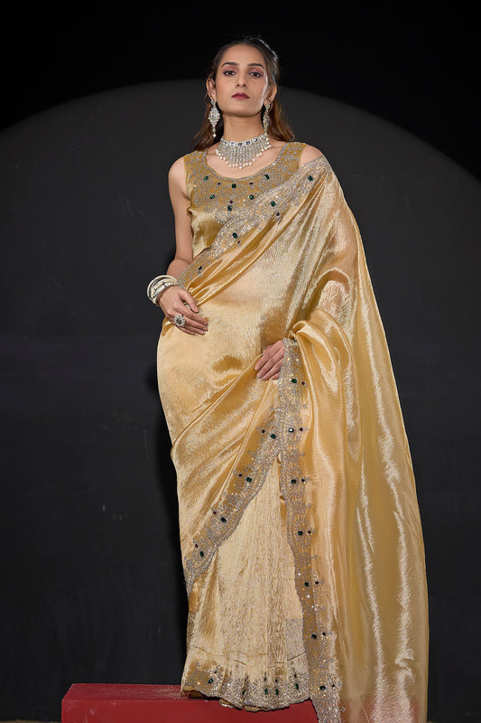 Royal Gold Shimmer Silk Saree with Heavy Zari Stone Embroidered Border