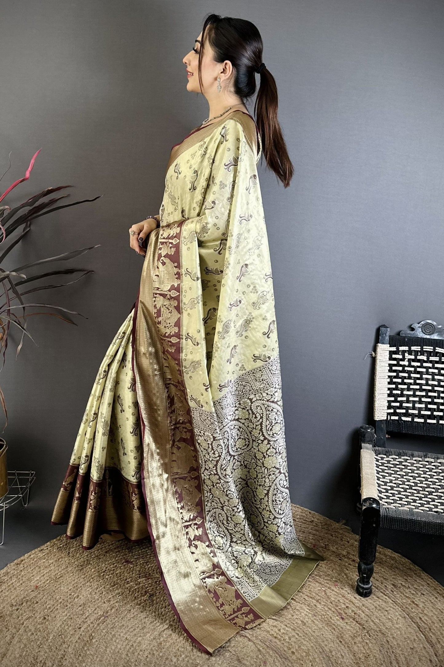 Beige Maroon Kanjivaram Silk Saree Traditional Zari Woven Designer Saree